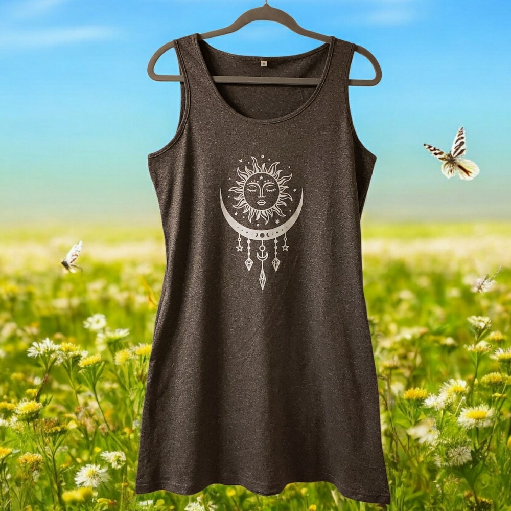 NEW! Sun & Moon Dreamcatcher Graphic Charcoal Mini Dress w/ Pockets - Picture 1 of 7